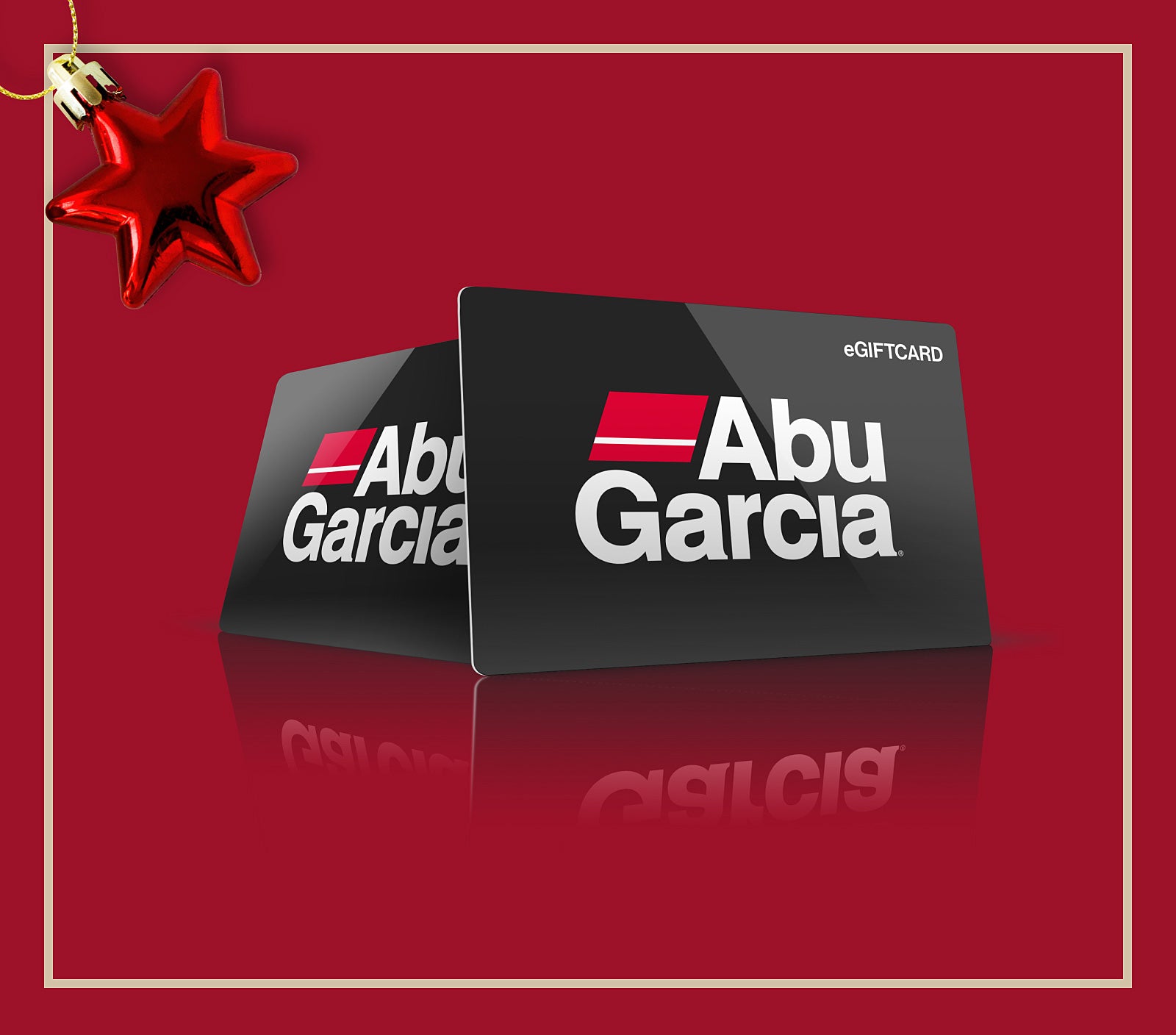 Abu Garcia gift card on a red background with a decorative star.