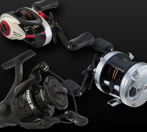 Three fishing reels shown on a dark studio background: a spinning reel at top center, a low-profile reel at right, and a round spinning reel at bottom left. The reels are primarily black and silver with small red accents within the Max, Revo & Ambassadeur Series. 
