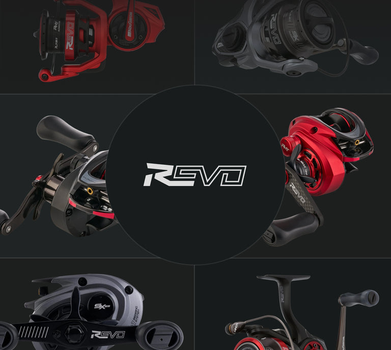 Multiple product shots of Revo Family Reels on a black background. 