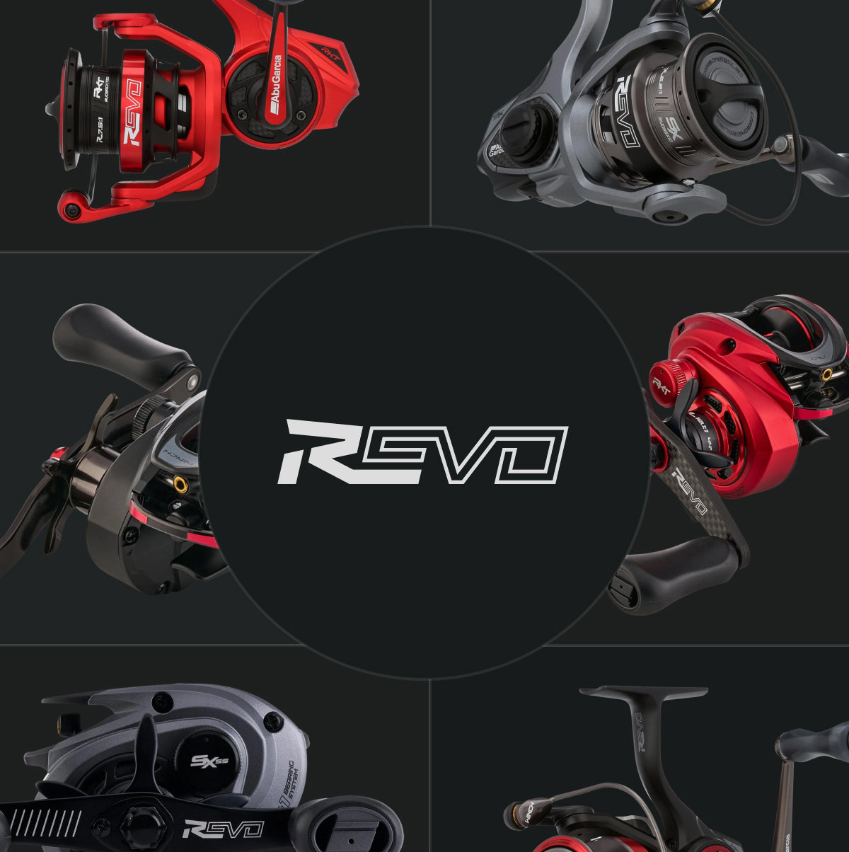 Multiple product shots of Revo Family Reels on a black background. 