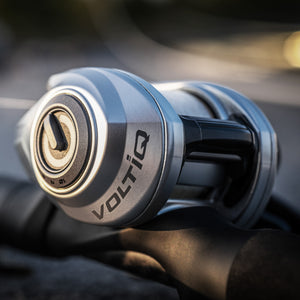 Close-up of a Revo® VoltiQ™ Low Profile Reel with a blurred background