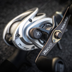 Close-up of a Revo® X VoltiQ™ Low Profile Reel with a blurred background