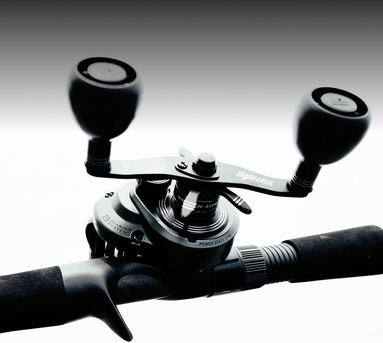 Close-up of the Beast fishing reel with a blurred background