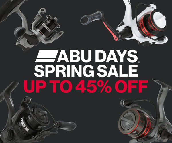 Fishing reel components with 'ABU Days Spring Sale' text on a dark background