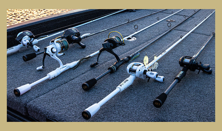 Fishing rods with white handles on a textured surface