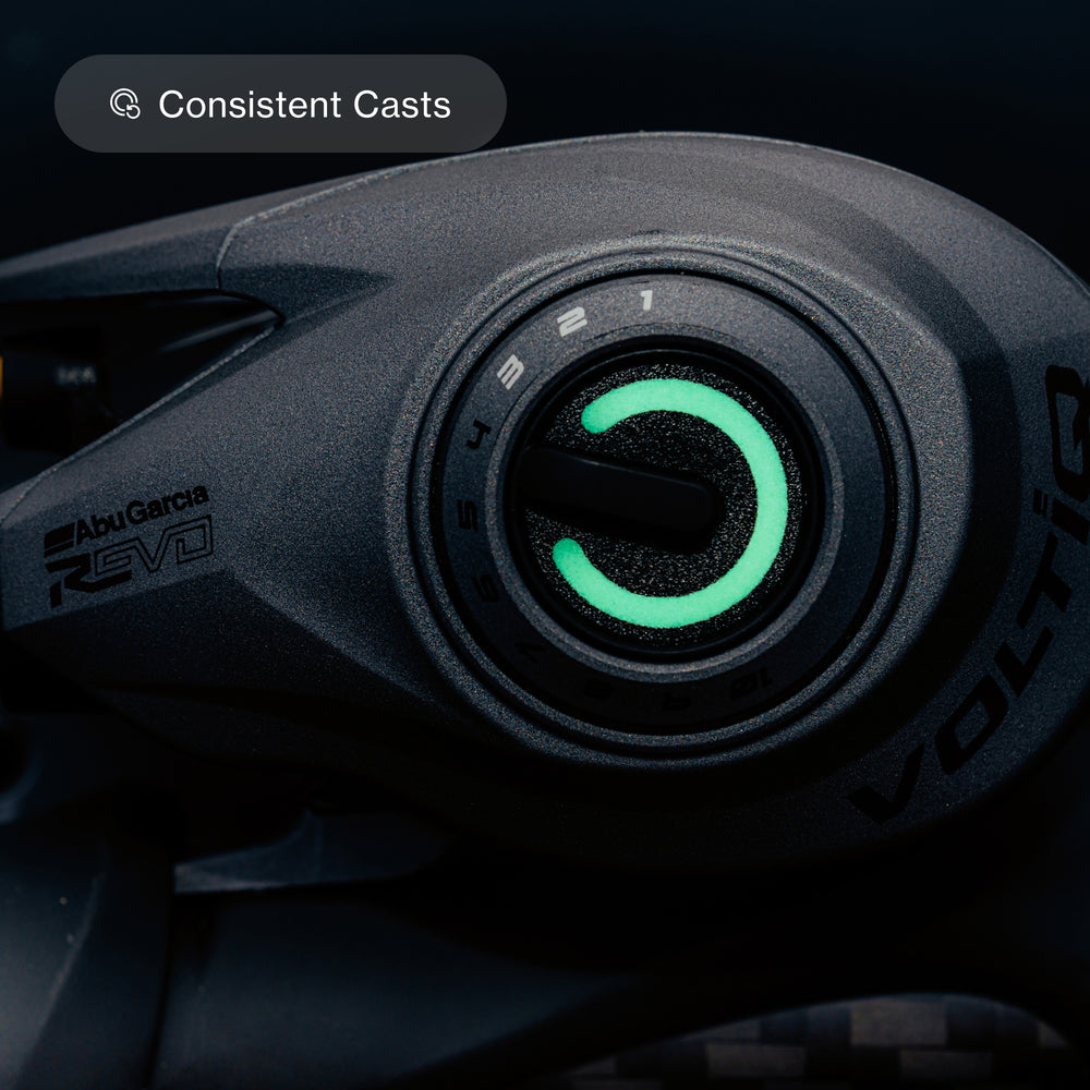 Close up showing the VoltiQ brake in the dark glowing green