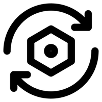 Black icon of a hexagonal symbol with circular arrows around it on a white background