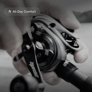 Side profile of low profile reel while man is reeling in line