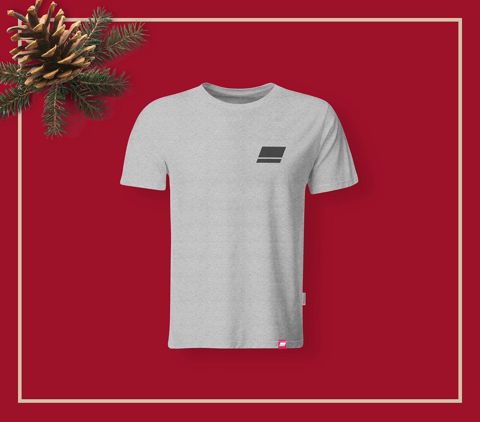 Gray t-shirt with a logo on a red background