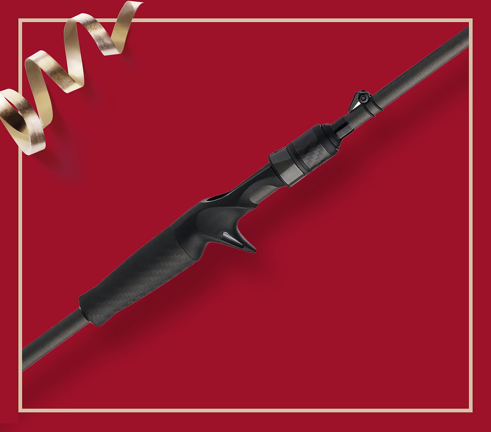 Black fishing rod on a red background with decorative elements