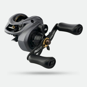 Fishing reel with 'Revo' and 'Volto' branding on a light gray background