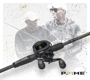 Two men holding a Prime fishing rod with a white background