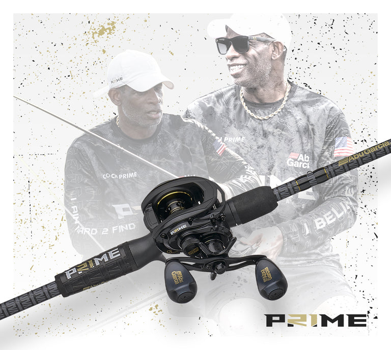 Two men holding a Prime fishing rod with a white background